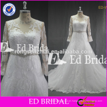 ED Bridal Elegant Lace Appliqued O Neck vestido de noiva de manga longa com laço Hem 2017